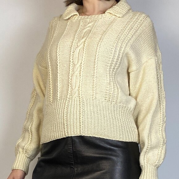 Vintage Cream CABLE Knit FISHERMAN Sweater with Collar Detail! Small to Medium - Picture 6 of 8